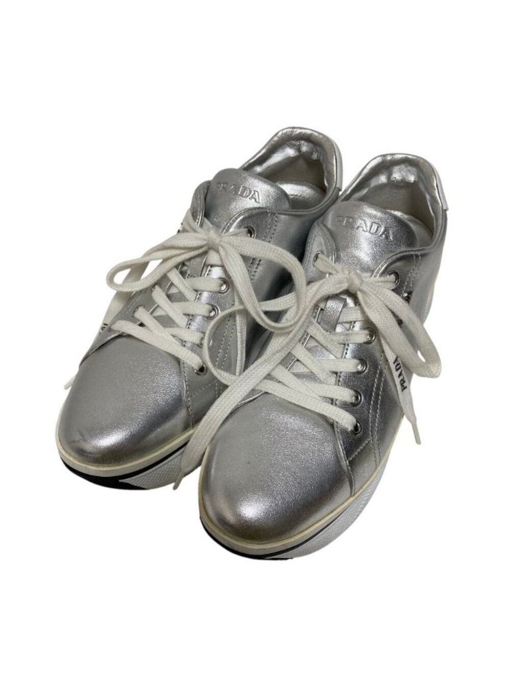 Prada Leather Thick Sole Low-Cut Sneakers Metallic Silver 40
